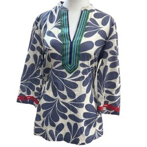 Boden Coastal Botanical Print Tunic Boho Chic 3/4 Sleeve Top Beachy Size 4